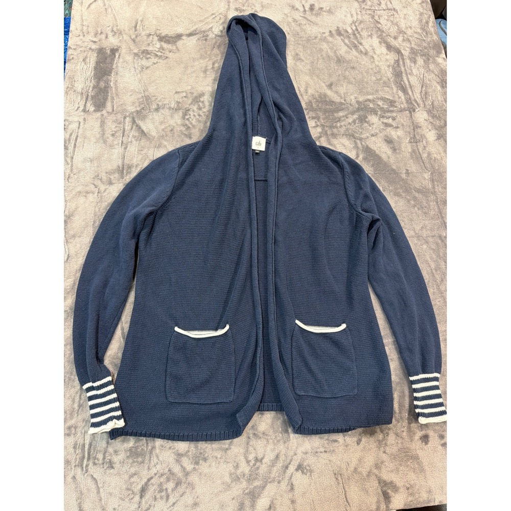 Cabi Hooded Cardigan Womens Navy Blue Striped Trim Open Front Sweater S